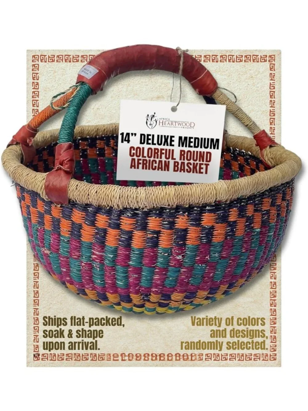 Handmade Colorful African Basket with Leather Handle - 14